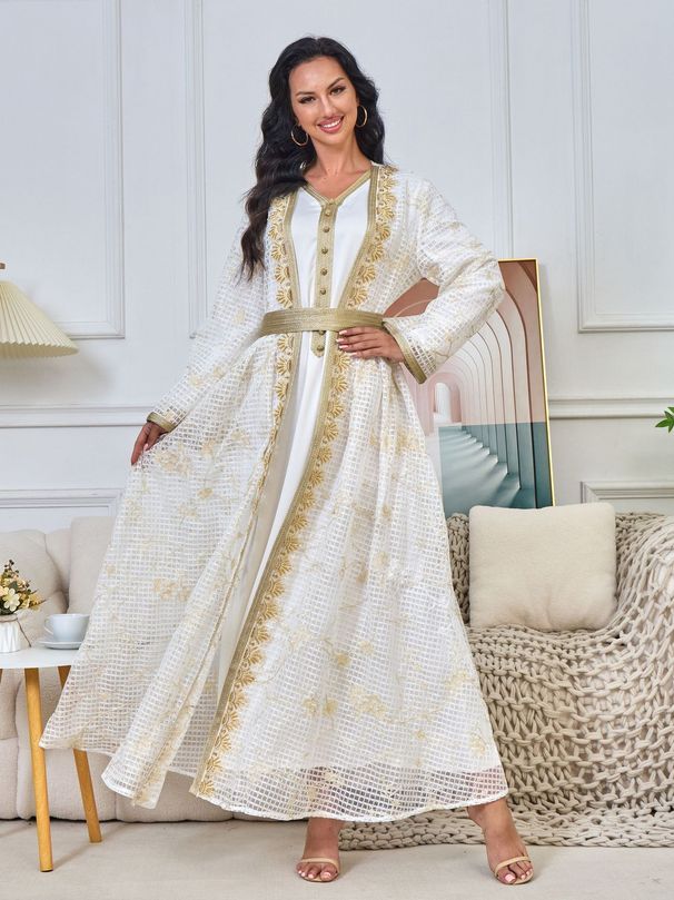 Women's Clothing Two Piece Embroidered Beaded Lace Robe Abaya Dubai Women's Long Skirt_ecoleips.com