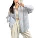 Women's Clothing Blue Striped Polo Collar Long Sleeved Shirt For Women Thin Spring And Autumn Lazy Style Loose Sun Proof Shirt Mid Length Top_ecoleips.com