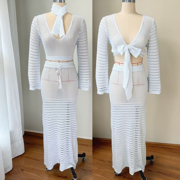 Women's Long Sleeved Beach Vacation Dress Set Knitted Two-Piece Skirt Top_ecoleips.com