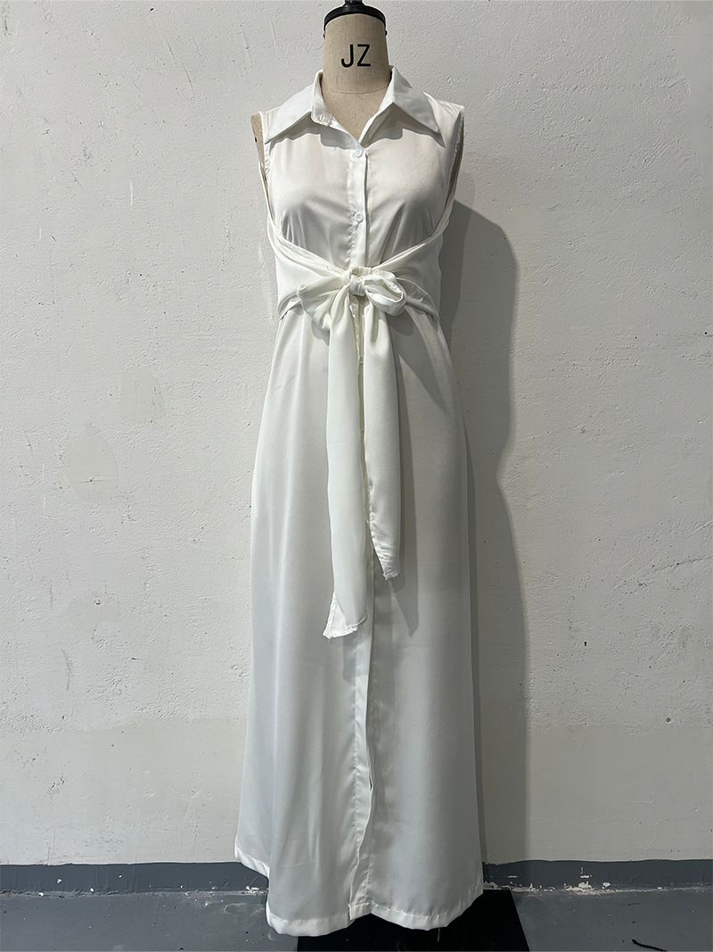 Women's Clothing Summer New Two Piece Long Skirt V Neck Sleeveless Solid Color Waist Dress_ecoleips.com