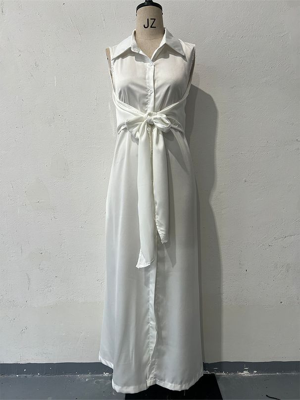 Women's Clothing Summer New Two Piece Long Skirt V Neck Sleeveless Solid Color Waist Dress_ecoleips.com
