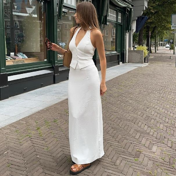Women's Fashionable Two Piece Set V Neck Halter Top Long Skirt Bodycon Skirt with Slit Cross Border E Commerce New 2025_ecoleips.com