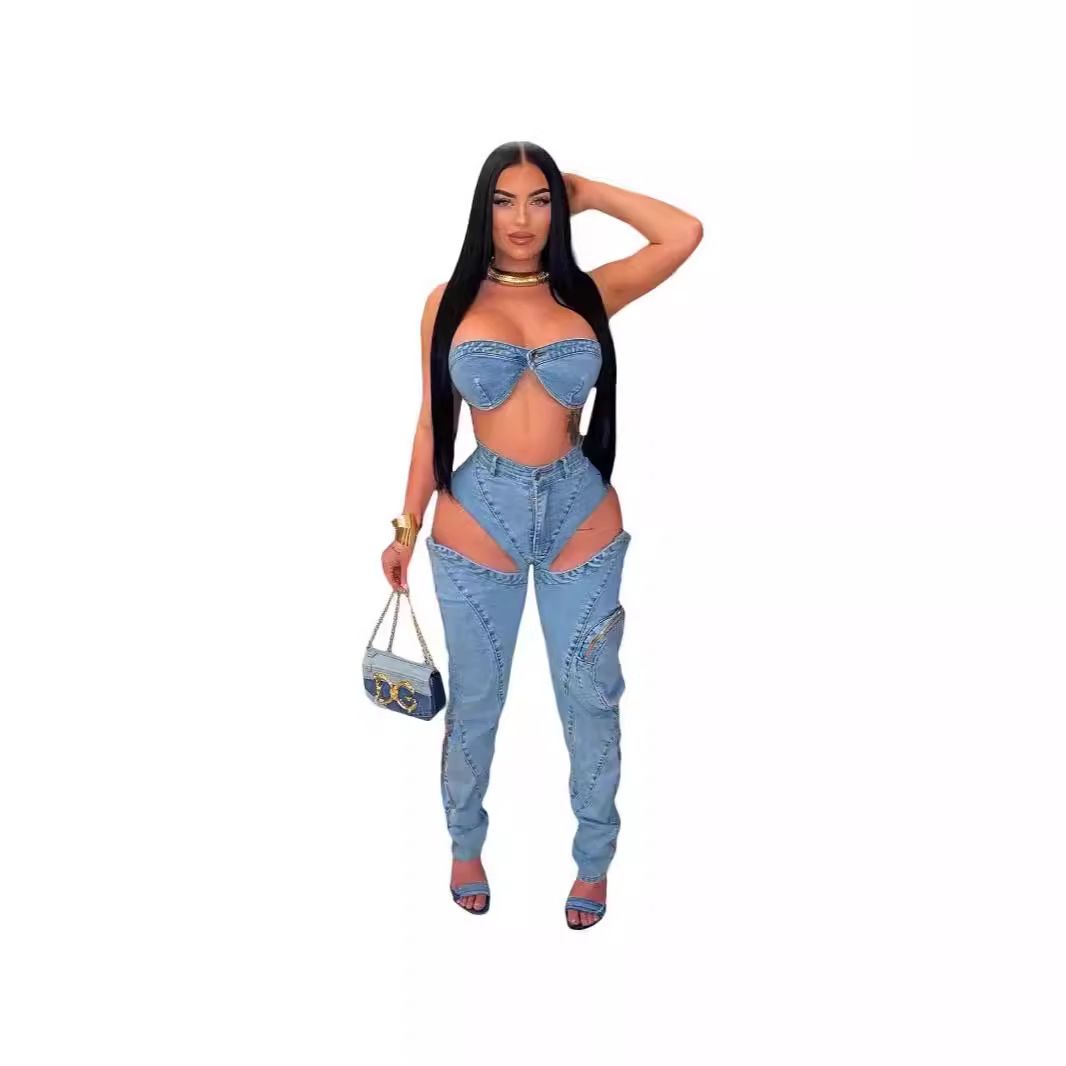 Women's Clothing Sexy Chest Wrap Backless Top Personality High Waist Split Zipper Jeans Two Piece Set_ecoleips.com