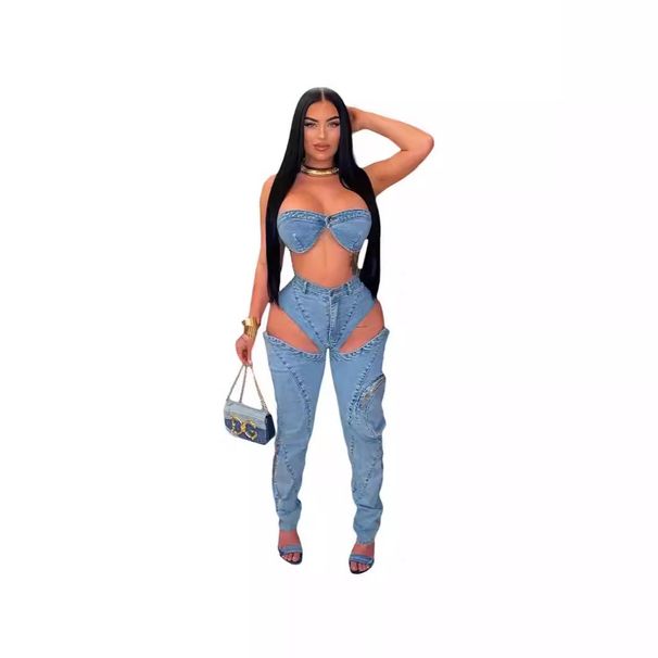 Women's Clothing Sexy Chest Wrap Backless Top Personality High Waist Split Zipper Jeans Two Piece Set_ecoleips.com