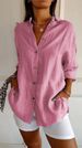 Women's Single Breasted Pleated Collar Shirt Solid Color Roll up Sleeve Top European American Popular Style for Ladies_ecoleips.com