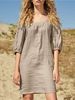 New French Square Neck Cotton And Linen Dress Five-quarter Sleeve Bubble Sleeve Casual Loose Short Skirt Women_ecoleips.com