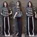 Women's Fashion Suit Striped Letter Print Short Sleeve Top With Wide Leg Pants Casual Two-Piece Set Plus Size Loose Fit Summer Style_ecoleips.com