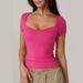 Women's Heart Shaped Neck Short Sleeve T-Shirt Solid Color Slim Fit Basic Style Fashionable Navel Top_ecoleips.com