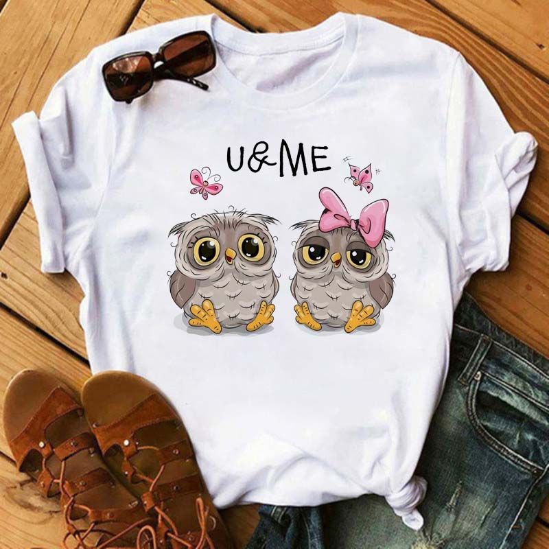 Maycaur Cartoon Owl Print T Shirt Women Kawaii Graphic Shirts Casual Short Sleeved Black Female Tee O-neck Harajuku T-shirts_ecoleips.com