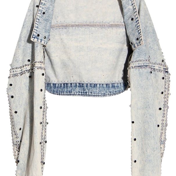 Rhinestone Studded Distressed Denim Crop Jacket For Women, Long Sleeve Open Front Short Jean Coat, Vintage Washed Cropped Outerwear For Daily Streetwe_ecoleips.com