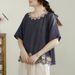 Heavy-Work, Exquisite Embroidered Mid-Sleeve Short-Sleeve Cotton-Linen Top, Summer Mom's Wear, Loose Casual T-Shirt For_ecoleips.com