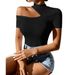 Voya 2026 Spring/Summer New Women's Ins Hot Short Sleeve T-shirt Half High Collar Single Side Off Shoulder Short Top_ecoleips.com