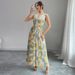 Women's Clothing V Neck Long Skirt Seaside Vacation Waist Big Swing Dress_ecoleips.com