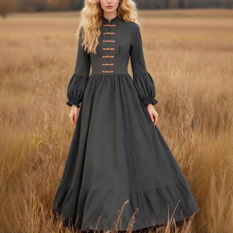 European And American Autumn New Women's Retro Western Style Long Sleeve Cotton-Linen Dress_ecoleips.com