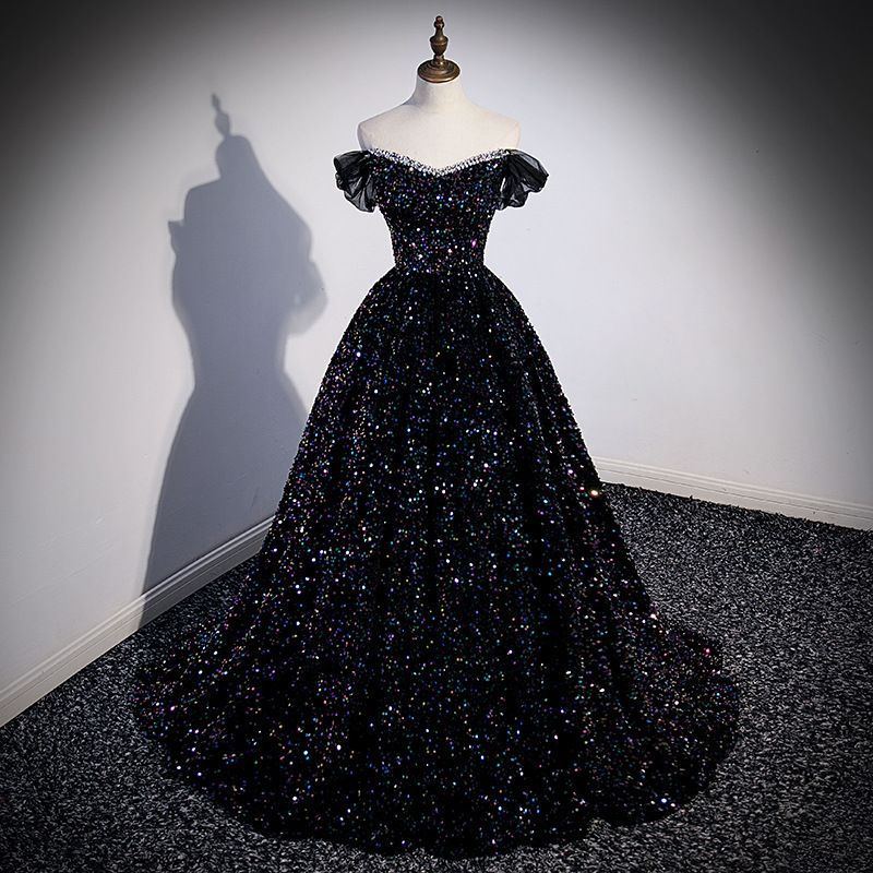 Women's Clothing Off-Shoulder Sequin Evening Dress – French-Inspired Glittering Performance Gown For Soprano, Host & Black Wedding (XS-XXXL)_ecoleips.com