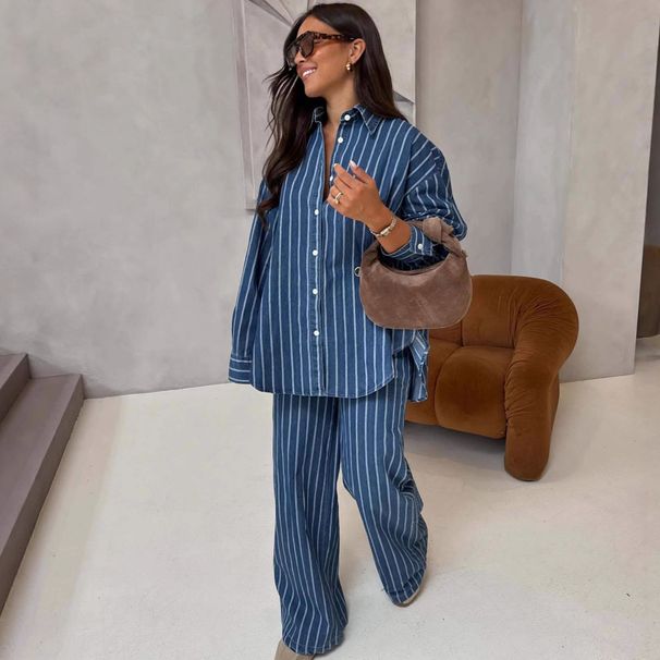 Women's African Chic Plus Size Clothing Set European American Style Long Sleeved Casual Collared Cardigan Striped Shirt Two Piece Set_ecoleips.com