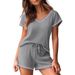 Women's Clothing Waffle Short Sleeved Shorts Casual Suit V Neck Top Shorts Home Clothes_ecoleips.com