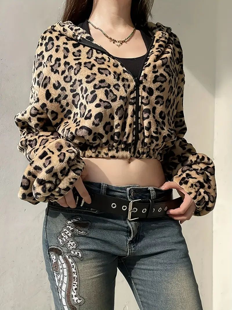 Women's Leopard Print Hooded Zip Up Jacket Long Sleeved Plush Sweatshirt Comfortable Outerwear Fashionable Streetwear_ecoleips.com