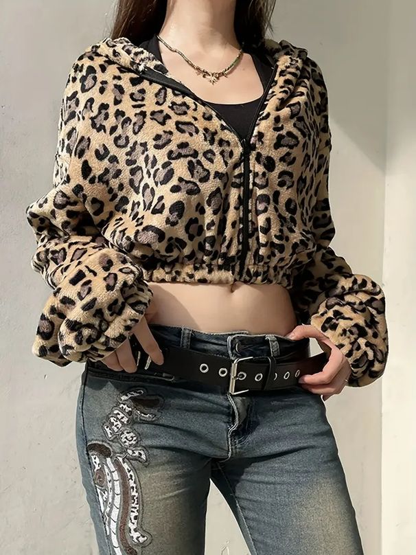Women's Leopard Print Hooded Zip Up Jacket Long Sleeved Plush Sweatshirt Comfortable Outerwear Fashionable Streetwear_ecoleips.com