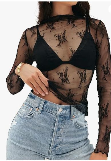wish2026 European And American Foreign Trade Women's Mesh Transparent Lace Layered Top With Stand-up Collar_ecoleips.com