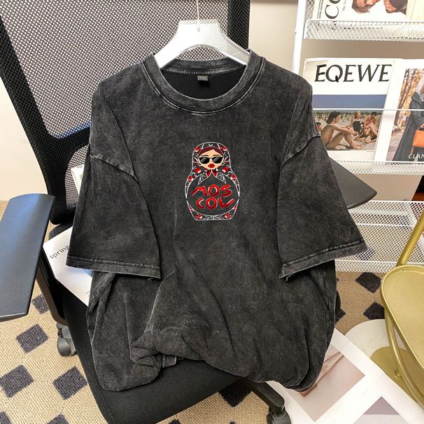 100% Cotton Sweet Fresh Print Outerwear Youthful Loose Slimming Personality Casual Comfortable Round Neck Short Sleeve_ecoleips.com