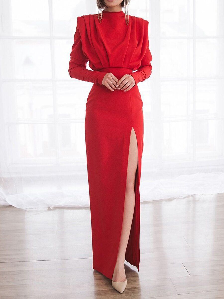 Women's Clothing Spring And Summer New Summer Fashion Dress High Neck Pullover Slit Long Skirt_ecoleips.com