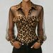 Voya Women's Leopard Print Patchwork Mesh Pocket Elegant Button Up Shirt Temperament Top Available In Multiple Colors_ecoleips.com