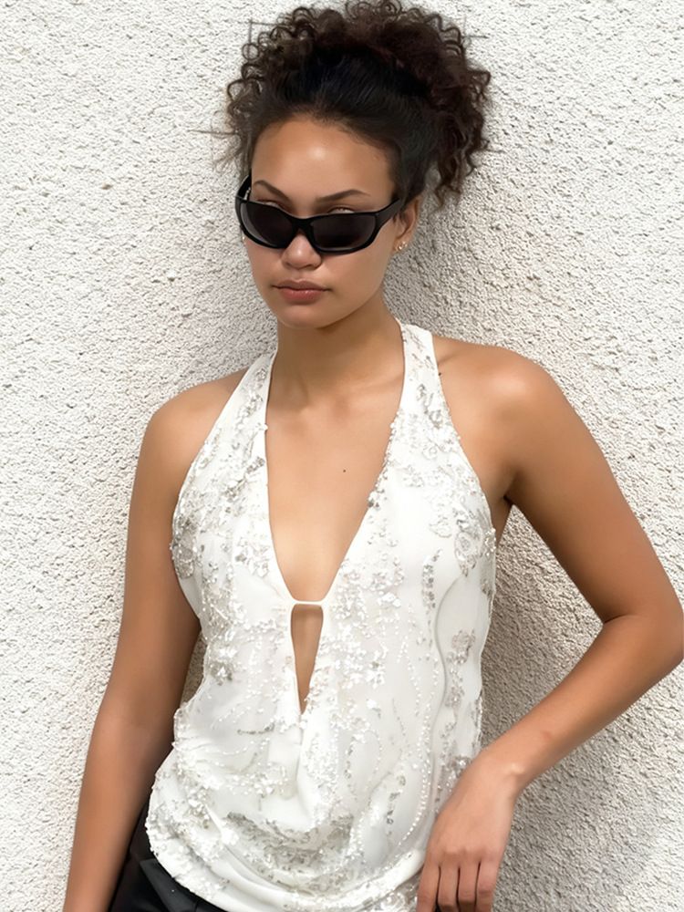 Women's Sequined V-Neck Sleeveless Halter Top Backless Fitted Summer Chic Sexy Tank Summer Street Style_ecoleips.com