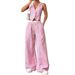 Women's Clothing Ready Stock Summer Elegant Striped Sleeveless V Neck Vest + Waist Contrast Color Trousers Two Piece Set_ecoleips.com