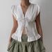 Women's French Style Girly Ruffle Blouse Lace Trimmed Puff Sleeve V Neck Tie Front Slim Fit Cross Border Top_ecoleips.com