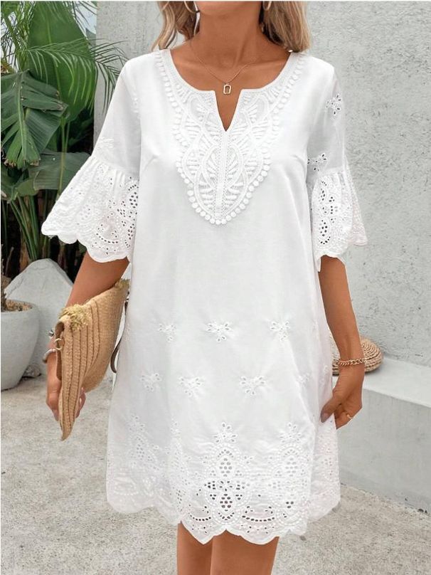 Women's Clothing Hollow Embroidery Fashion Casual Lace V Neck Five Point Sleeve Dress_ecoleips.com