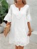 Women's Clothing Hollow Embroidery Fashion Casual Lace V Neck Five Point Sleeve Dress_ecoleips.com