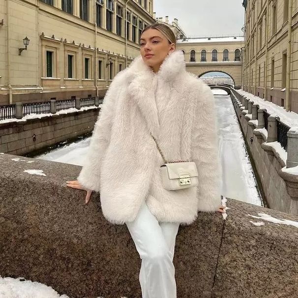 Luxury Faux Fur Coat With Notched Collar - Winter Warm Longline Jacket For Women, Elegant Streetwear Style, Soft & Cozy Outerwear_ecoleips.com