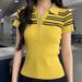 Women's Slim Fit Striped Polo Short Sleeve T-Shirt Button-Down Collar Summer Top_ecoleips.com