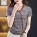 Striped Short-Sleeved T-Shirt For Women, Featuring A V-Neck Design; Comfortable And Stylish For Summer Wear. Available I_ecoleips.com