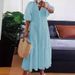 Women's Clothing Summer New Woven Solid Color V Neck Button Pleated Loose Casual Dress_ecoleips.com