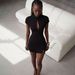 Sexy Bodycon Mini Dress With Stand Collar - Stretchy Ribbed Fabric, Slim Fit Short Sleeve Tops For Women, Clubwear, Street Style, Casual Chic_ecoleips.com