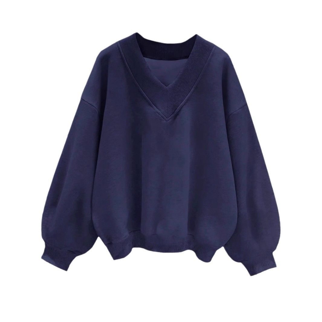 Women's V-Neck Long Sleeve Sweatshirt – Style Casual Pullover (Dark Blue, XS-XXL)_ecoleips.com