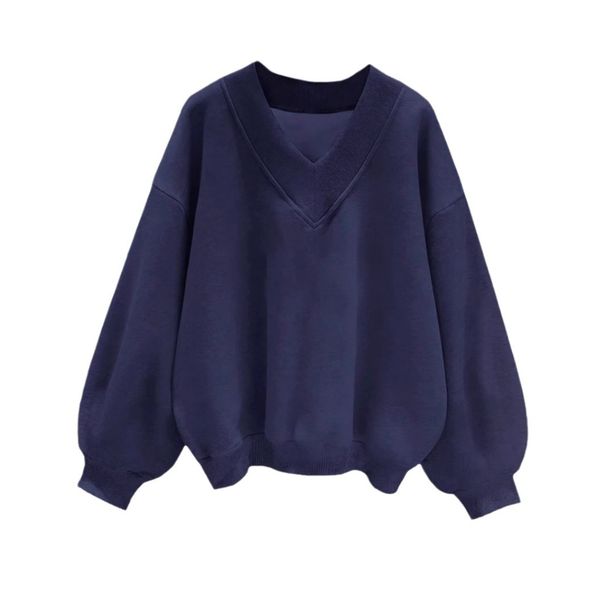 Women's V-Neck Long Sleeve Sweatshirt – Style Casual Pullover (Dark Blue, XS-XXL)_ecoleips.com