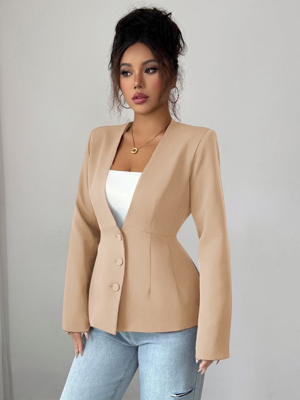 Elegant Women's Button-Up Blazer Jacket - Autumn Winter Office Wear, V-Neck Long Sleeve, Polyester Woven, S/M/L/Xl_ecoleips.com