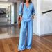 Women's Casual V-Neck Long Sleeve Top & Pants Set - Soft Washed Cotton Comfort Outfit In Multiple Colors_ecoleips.com