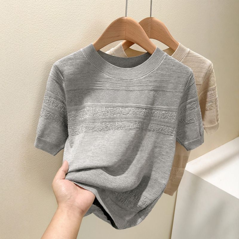 Women's Clothing Summer New Ice Silk Hollow Loose Top Knit Sweater Round Neck Short Sleeve T Shirt_ecoleips.com