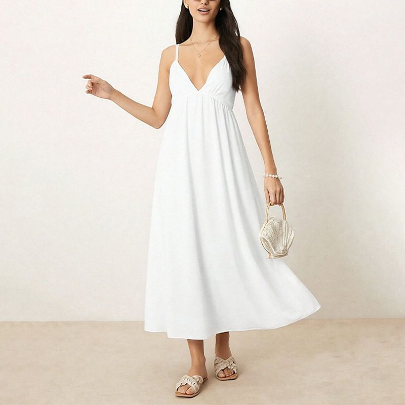 Women's Fashion Backless V Neck Suspender Dress Solid Color American Style Spring New Arrivals Sexy Clothing_ecoleips.com