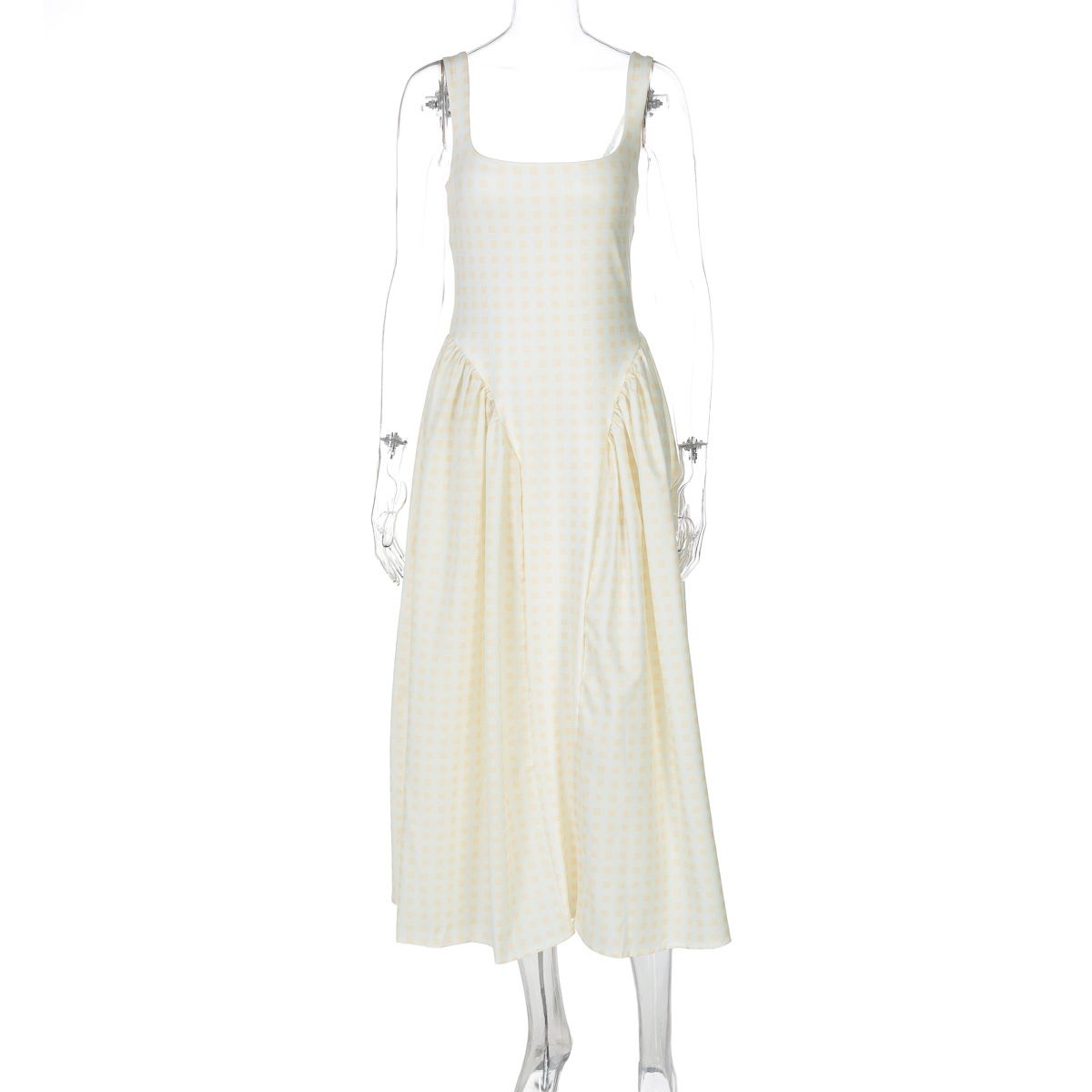 Women's Plaid Print French Style Dress European American Fashion Waist Cinching Backless Sexy Suspender Dress_ecoleips.com