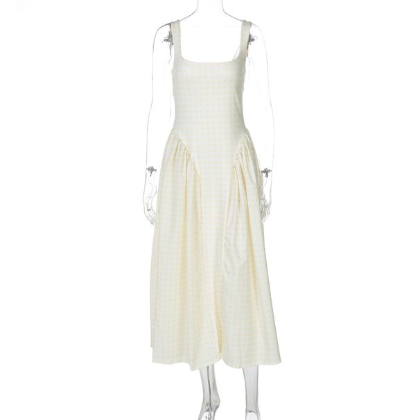 Women's Plaid Print French Style Dress European American Fashion Waist Cinching Backless Sexy Suspender Dress_ecoleips.com