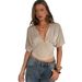 Summer Fashion Women's T-Shirt Style Slim Fit Deep V Neck Short Sleeve Waist Cinching Solid Color Top_ecoleips.com