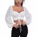 Women's V-Neck Peplum Blouse With Drawstring & Lantern Sleeves - Flowy Chiffon Sexy Tops_ecoleips.com