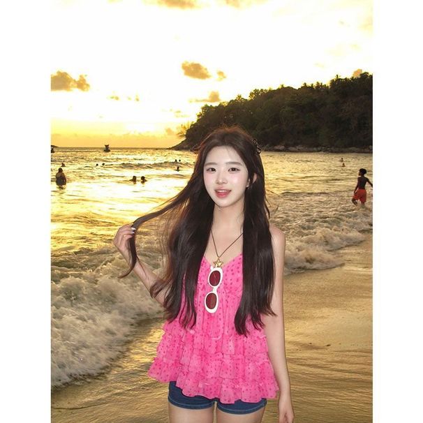 Rose Pink Polka Dot Ruffled Camisole For Women, New Summer Korean Style, Absolutely Beautiful And Sweet Top_ecoleips.com