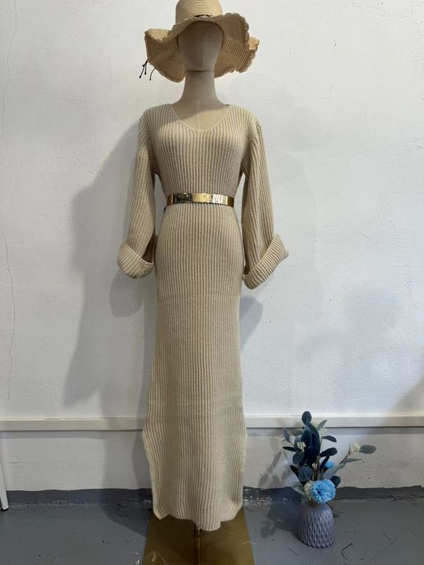 Women's Clothing Long V-Neck Knit Pullover Dress Slim Fit Autumn Winter Fashion_ecoleips.com