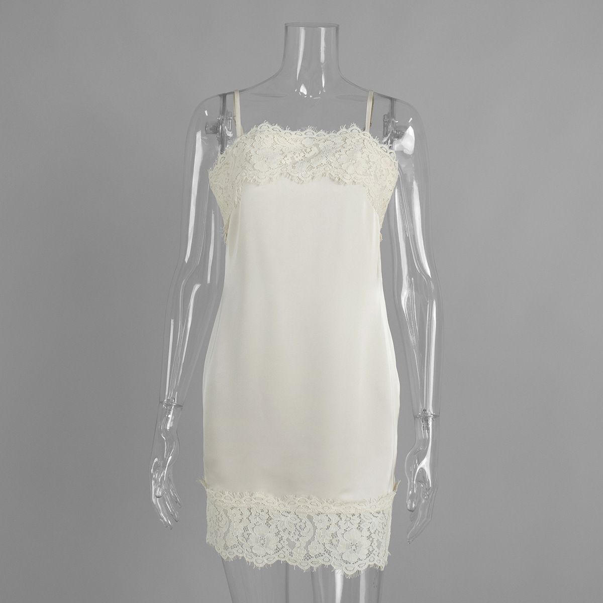 Lace & Satin Camisole Dress – Sexy Floral Slip Dress For Women – Stretch Polyester – Coffee/Beige (S/M/L)_ecoleips.com